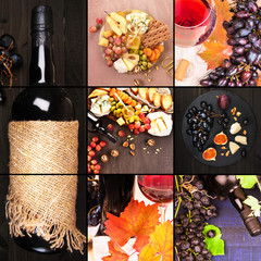 Collage. Food background with red wine, figs, grapes and cheese