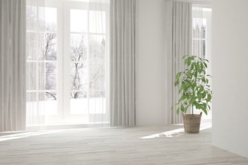 Fototapeta premium Mock up of empty room in white color with winter landscape in window. Scandinavian interior design. 3D illustration