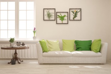 Stylish room in white color with sofa. Scandinavian interior design. 3D illustration