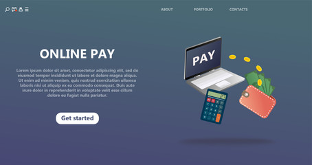 Online payment, secure secure money transfer. Landing page template for virtual money transfer. Laptop screen  for online payment transfer. Page Template with Isolated Illustration