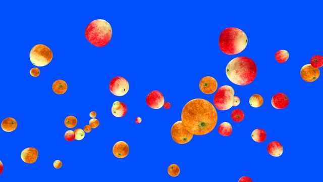 Apples flying in slow motion against Blue Screen