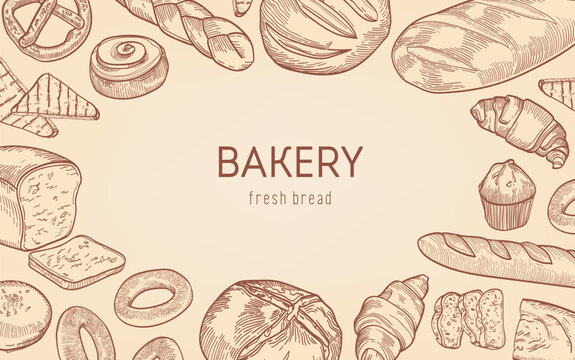 Elegant monochrome background with frame made of breads, sweet baked products, homemade pastry