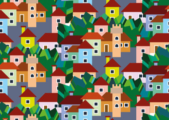 Naklejka premium Town seamless pattern with colour houses and graphic trees