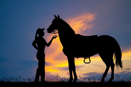 illustration of girl and horse at sunset