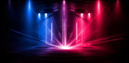 Neon lines on a dark background. Space background, lights space units. Abstract neon background, tunnels, corridors, lenses, glare, laser beams. The virtual reality