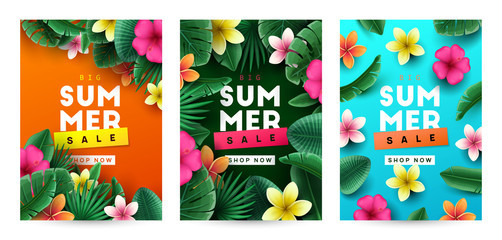 Summer background with tropical flowers and palm leaves. Vector illustration - obrazy, fototapety, plakaty