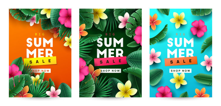 Fototapeta Summer background with tropical flowers and palm leaves. Vector illustration