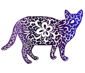 Elegant cat, silhouette, hand-painted in Indian style, print, design