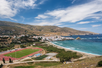 Fototapeta na wymiar Paraporti beach next to Chora city on Andros island, Greece