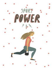Obraz na płótnie Canvas Woman doing sport exercises . Sport power hand drawn text . Healthy lifestyle . Freehand drawing vector illustration