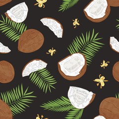 Natural seamless pattern with whole and split coconuts, flowers and exotic palm leaves on black background. Tropical backdrop. Realistic vector illustration in vintage style for wrapping paper.