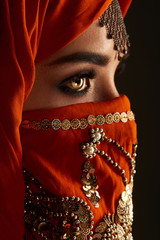 Studio shot of a young charming woman wearing the terracotta hijab decorated with sequins and jewelry. Arabic style.