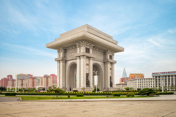 Pyongyang, North Korea - April 29, 2019: Arch of Triumph, a triumphal arch built to commemorate the...