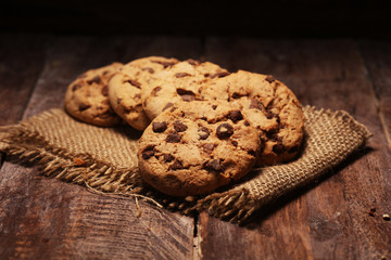 Chocolate cookies on wooden table. Chocolate chip cookies shot very delicious