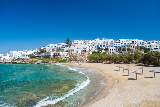 Sandy beach in Naoussa on Paros island, Cyclades