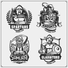 Football badges, labels and design elements. Sport club emblems with ancient warriors. Print design for t-shirt.