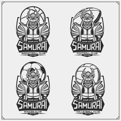 Volleyball, baseball, soccer and football logos and labels. Sport club emblems with samurai. Print design for t-shirts.