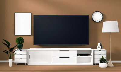 Smart Tv Mockup with blank black screen on cabinet and decoration in brown color room.3D rendering