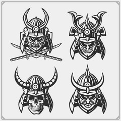 Set of samurai warrior masks. Japanese warrior emblems, labels, badges and design elements. Print design for t-shirt.