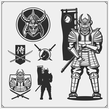 Set of samurai warrior masks, armor and weapon. Japanese warrior emblems, labels, badges and design elements. 