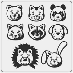 Set of cute soft plush animal toys. Vector illustration.