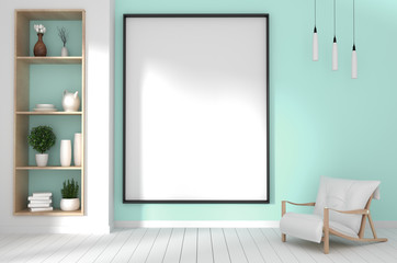 Obraz na płótnie Canvas mock up poster frame in hipster green room interior japanese style.3D rendering