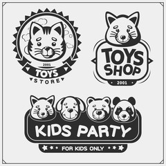 Toys shop and kids zone emblems, labels and design elements. Cute soft plush animal toys.