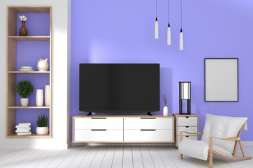 TV in japanese room with decoration on purple color wall background.3d rendering