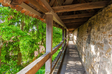 Fototapeta na wymiar Perfect view of the roofed defensive corridor with wooden railings, shaded by trees. This well preserved medieval town fortification belongs to the famous town Rothenburg ob der Tauber, Germany.