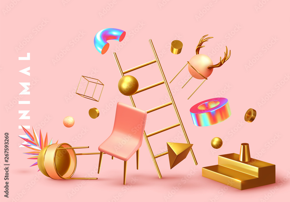 Poster chaos abstract background with 3d objects.