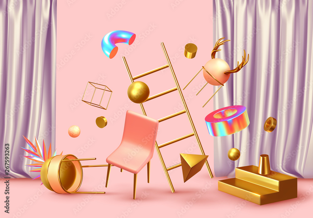 Poster chaos abstract background with 3d objects.