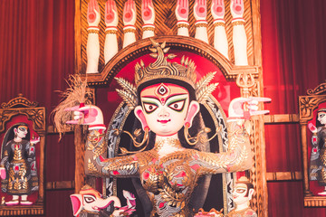 Potrait Of Goddess Durga idol at a South Kolkata famous Durga puja temple (pandal) on 