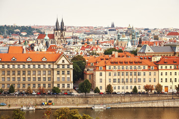 Panoramic city view of Prague. Embankment of the Vltava River. Czech Republic.