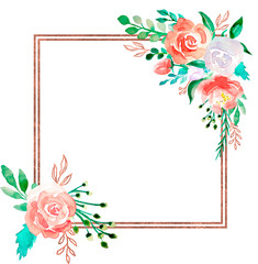 Watercolor floral frame with golden bronze border - flower illustration for wedding, anniversary, birthday, invitations, romantic events. on white background. Pastel colors. 