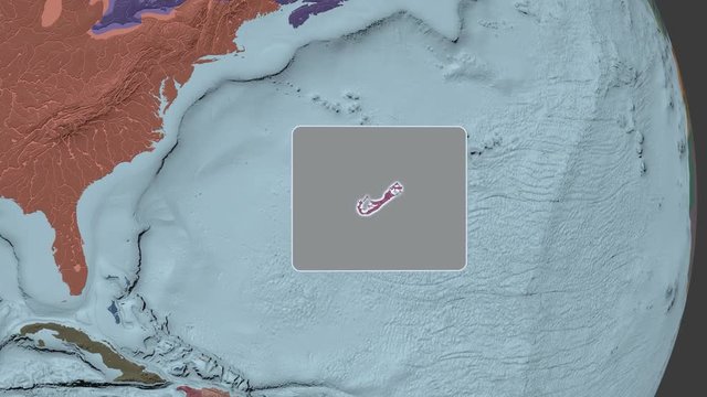 Bermuda area bounds outlined on the end cap of rectangular tube and animated against the spinning administrative globe. Animation 3D