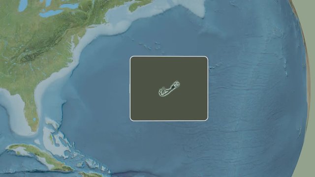 Bermuda area bounds outlined on the end cap of rectangular tube and animated against the spinning satellite globe. Animation 3D
