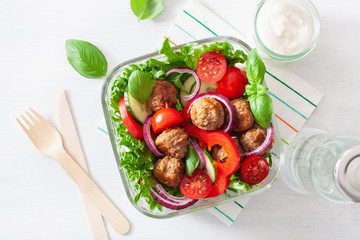 keto paleo lunch box with meatballs, lettuce, tomato, cucumber, bell pepper