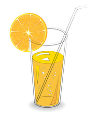 Delicious refreshing drink. In a glass of natural fruit juice, a slice of orange, mandarin. Vector illustration