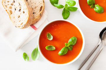 tomato soup flat lay on white backgorund