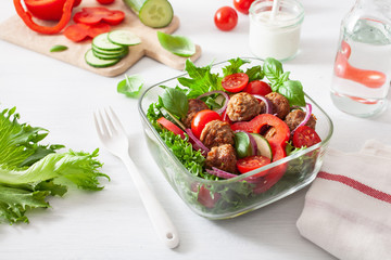 keto paleo lunch box with meatballs, lettuce, tomato, cucumber, bell pepper