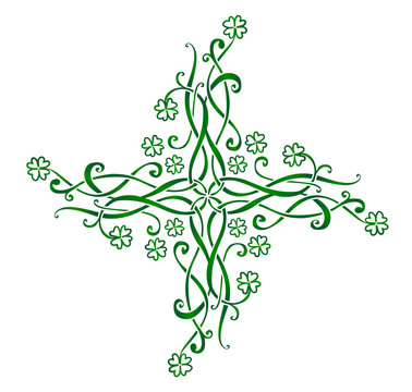 Green vector celtic cross with four-leaf clovers
