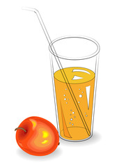 Delicious healthy refreshing drink. In a glass of natural fruit juice, ripe red apple. Vector illustration