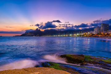 Sunset view of Ipanema beach, Leblon beach and mountain Dois Irmao (Two Brother) in Rio de Janeiro,...