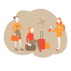 Cartoon girl tourists going on holiday. Passengers waiting departure, boarding in the terminal airport. Travel on the airplane
