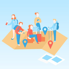 Travel and holiday tourism. Cartoon Traveler character with equipments. Tourists going on holiday and vacation