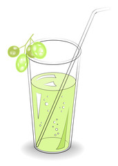 Delicious refreshing drink. In a glass of natural fruit juice, berries of white grapes. Vector illustration