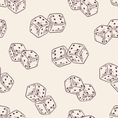 Seamless pattern with dice hand drawn with contour lines on light background. Backdrop with tabletop, board or casino game. Elegant monochrome vector illustration for wrapping paper, textile print.