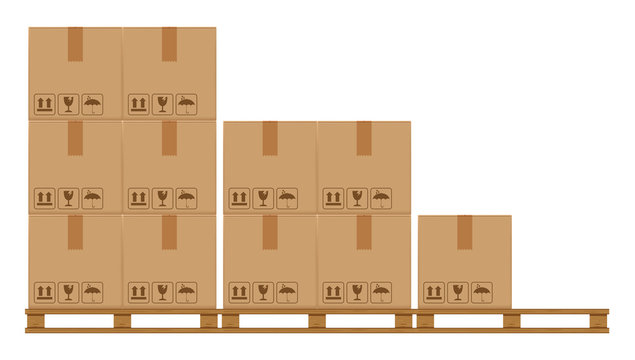 crate boxes on wooded pallet, wood pallet with cardboard box in factory warehouse storage, flat style warehouse cardboard parcel boxes stack, packaging cargo, 3d boxes brown isolated on white