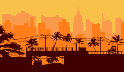Silhouette palm tree on beach and cityscape under sunset sky background