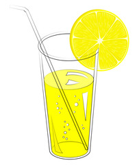 Delicious refreshing drink. In a glass of natural fruit juice, a slice of lemon, orange. Vector illustration